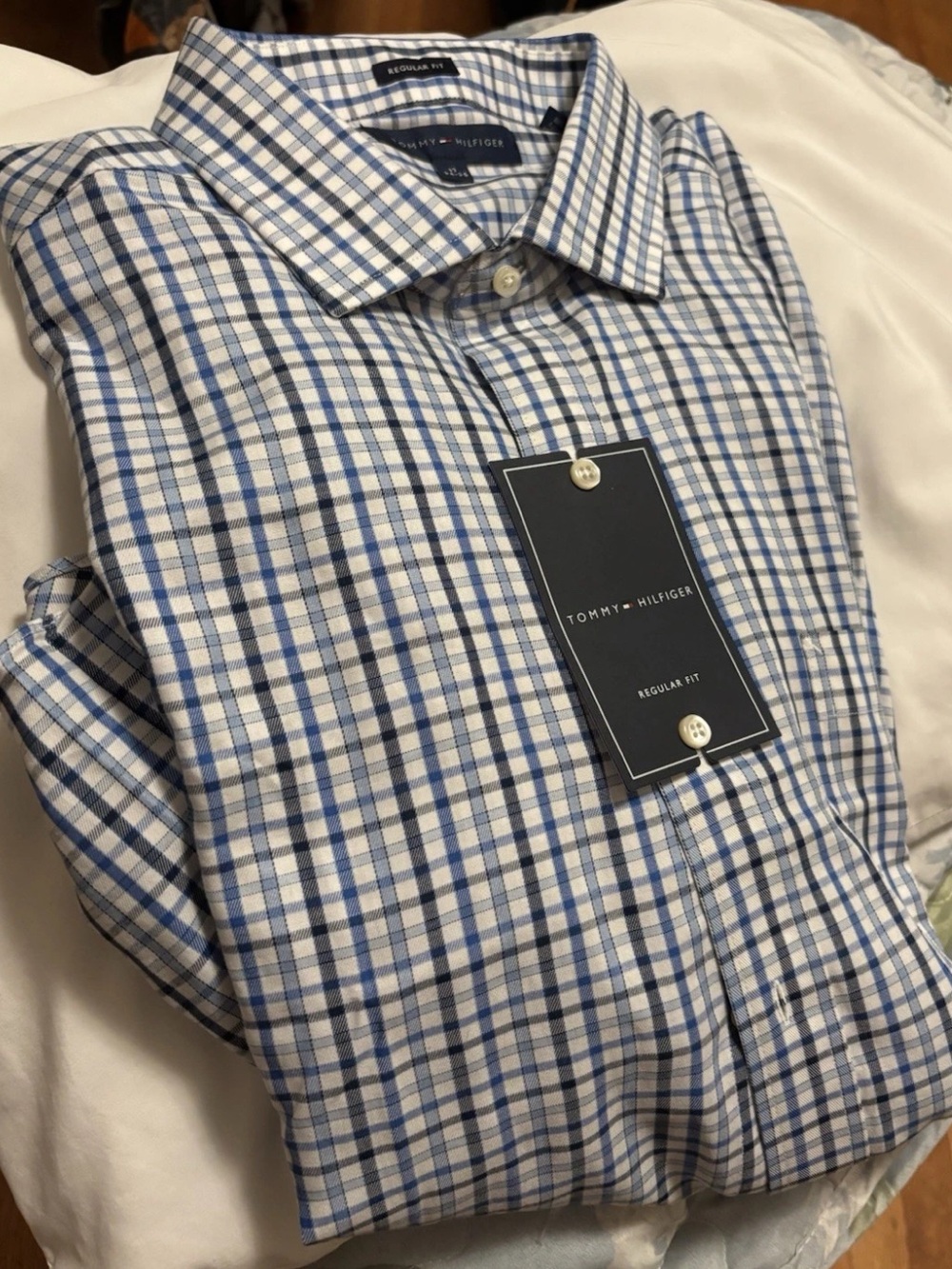 Tommy Hilfiger White and Blue Check Dress Shirt 17 34-35 Plaid